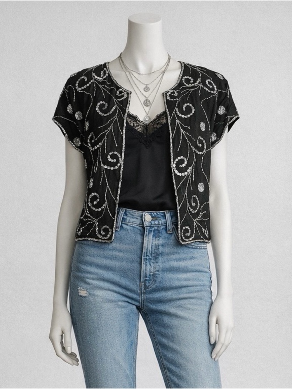Vintage Black Silk Beaded Sequin Top Fairycore Whimsigoth S Tina